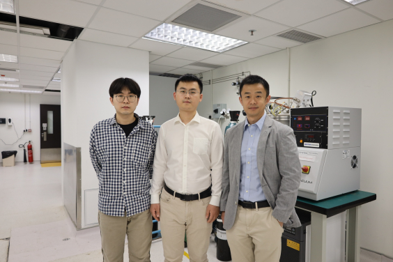 (from right) Dr Lizhi Xu, PhD students Mr Huimin He and Mr Hao Li